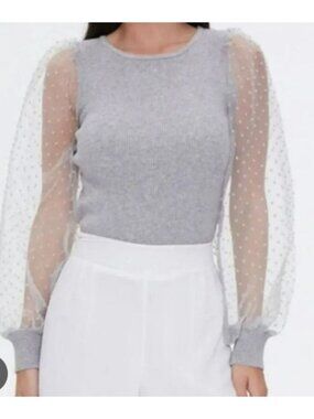 Forever 21+ Gray Ribbed Knit Top With Sheer Puff Sleeves Sz 2X Womens